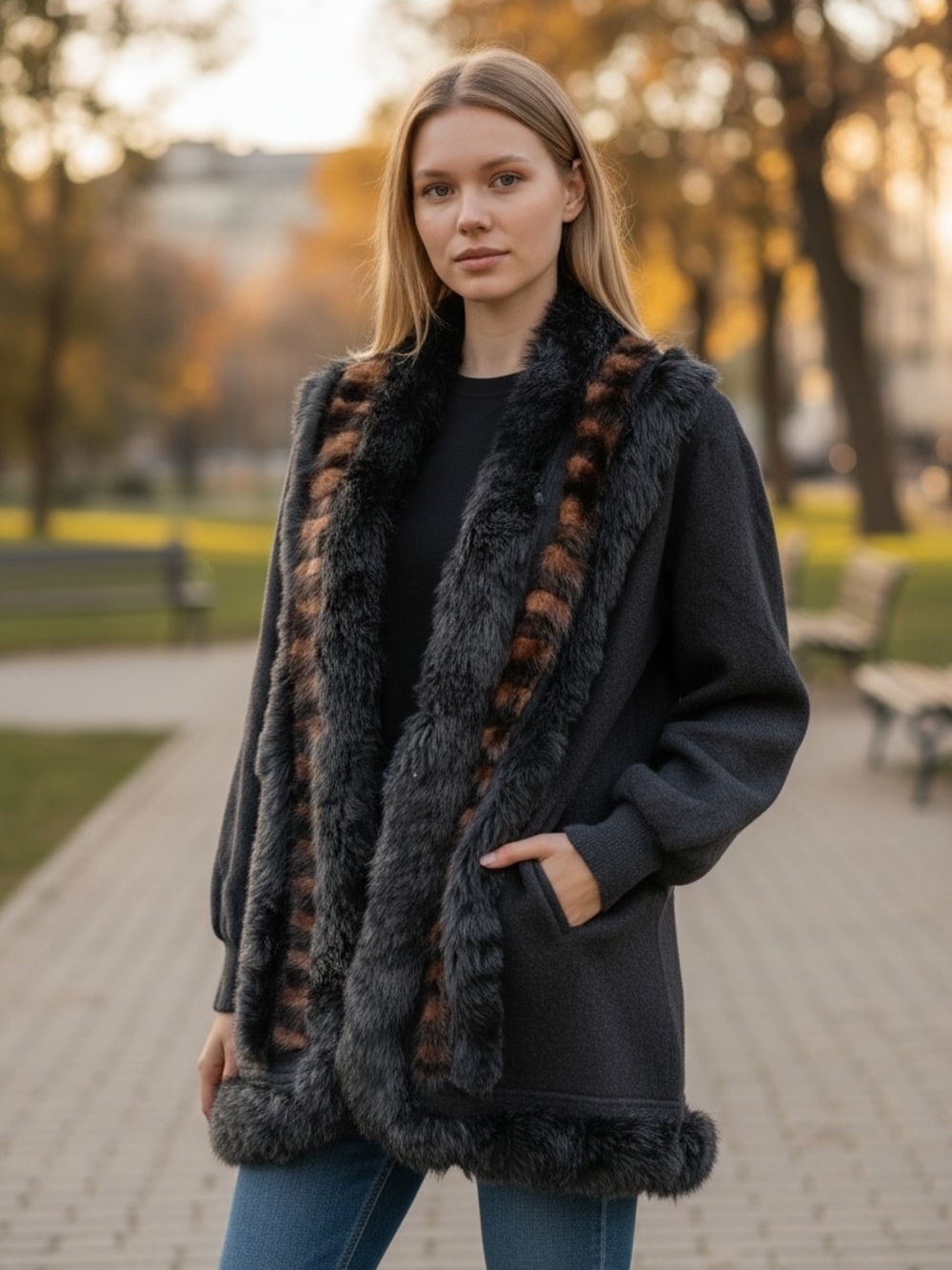 Vintage Shine Angora & Real Fur Trim Cardigan Coat Black Glam Oversized Sweater